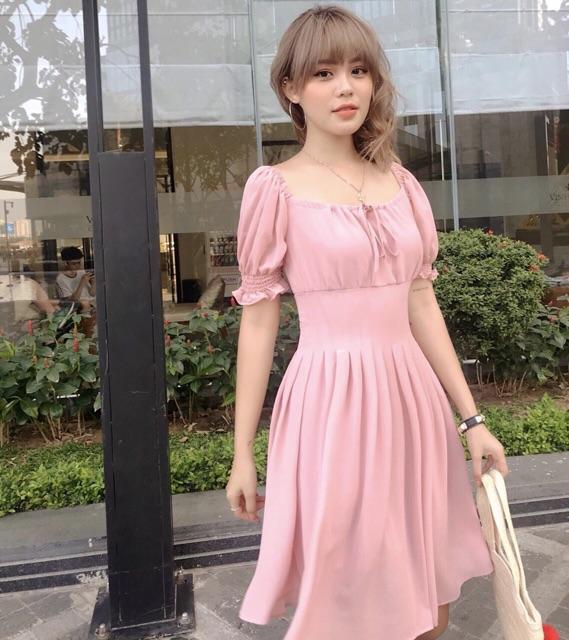 [HCM]Đầm cổ U xếp li eo 3 màu