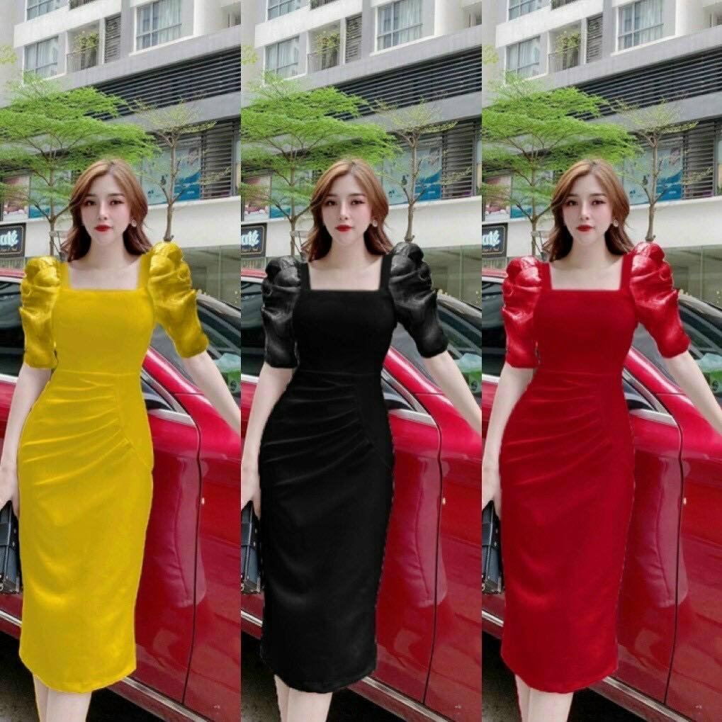 [HCM]ĐẦM CỔ VUÔNG TAY VOAN  XẺ TRƯỚC