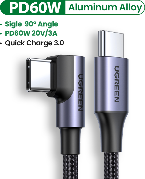 UGREEN 60W USB C to USB C Cable Right Angle USB C Fast Charging Cable Compatible with MacBook Pro Air iPad Pro Mini Air Samsung S23 S22 Xiaomi 11t 12t Switch
