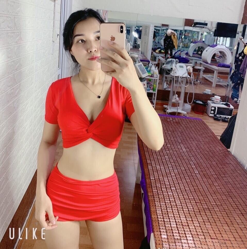 Bikini tay con xoắn nhún đỏ tươi