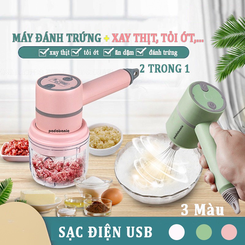 Máy đánh trứng cầm tay mini 3 IN 1 kiêm máy xay thịt đa năng sạc tích điện xay tỏi ớt, rau củ đa năng
