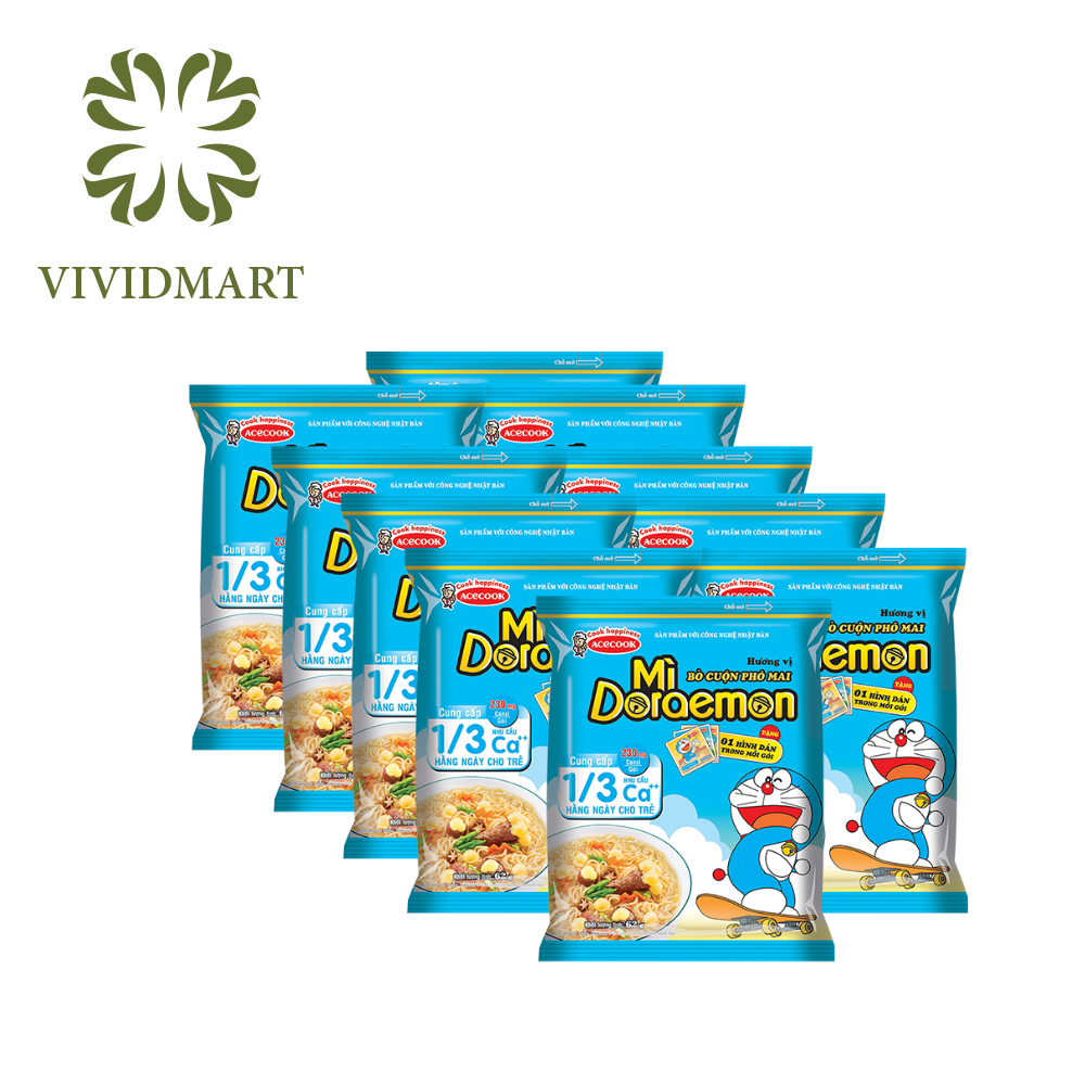 [SET OF 10 PACKAGES/ 1 FLAVOUR] - ACECOOK - DORAEMON INSTANT NOODELS 2 FLAVORS: BEEF AND CHEESE ROLL UP FLAVOUR AND GARLIC CHICKEN AND SHRIMP FLAVOUR (62G - 63G/PACKAGE)