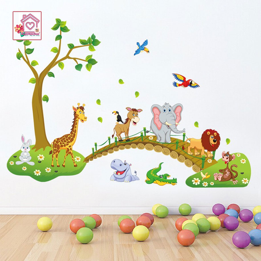 Decal dán tường Bé đi sở thú ABC1041 cho bé trai bé gái trang trí tường phòng khách phòng ngủ - Sticker - Miếng dán tường - Hình dán