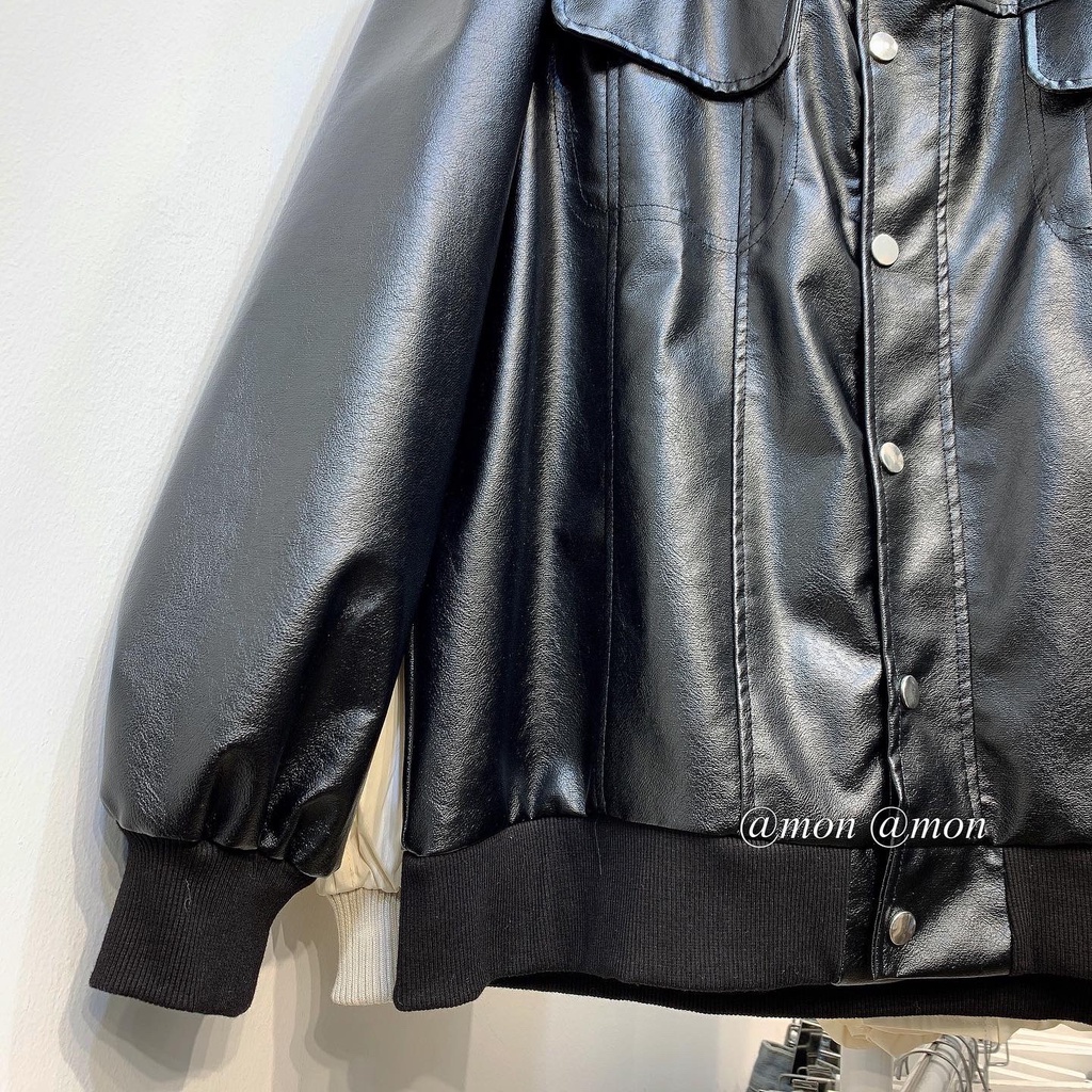 Áo khoác da dáng rộng, áo khoác bomber da nữ