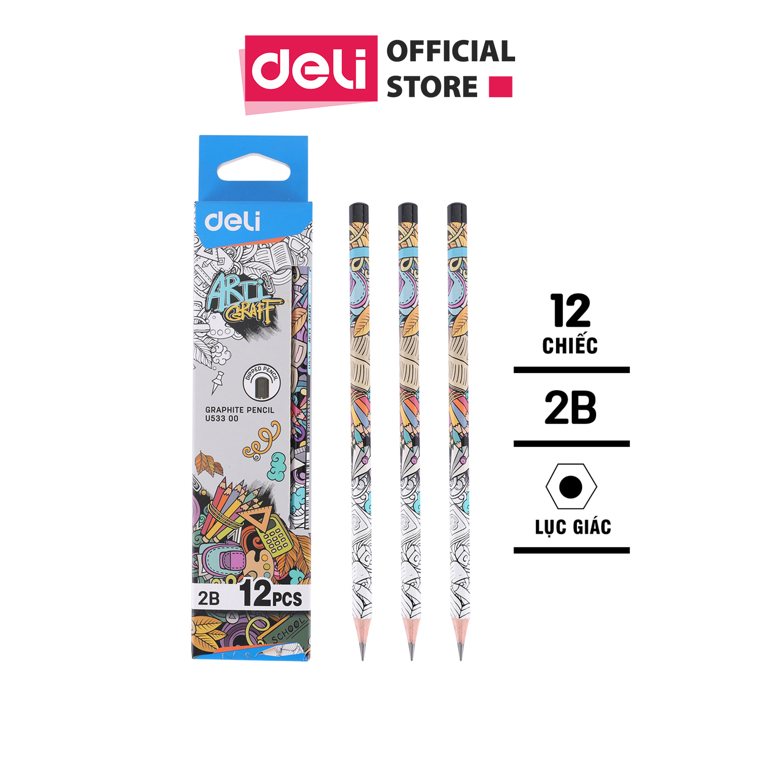 (1 Hộp 12 Cây) Bút chì 2B Deli EU53300, hoạ tiết graphite