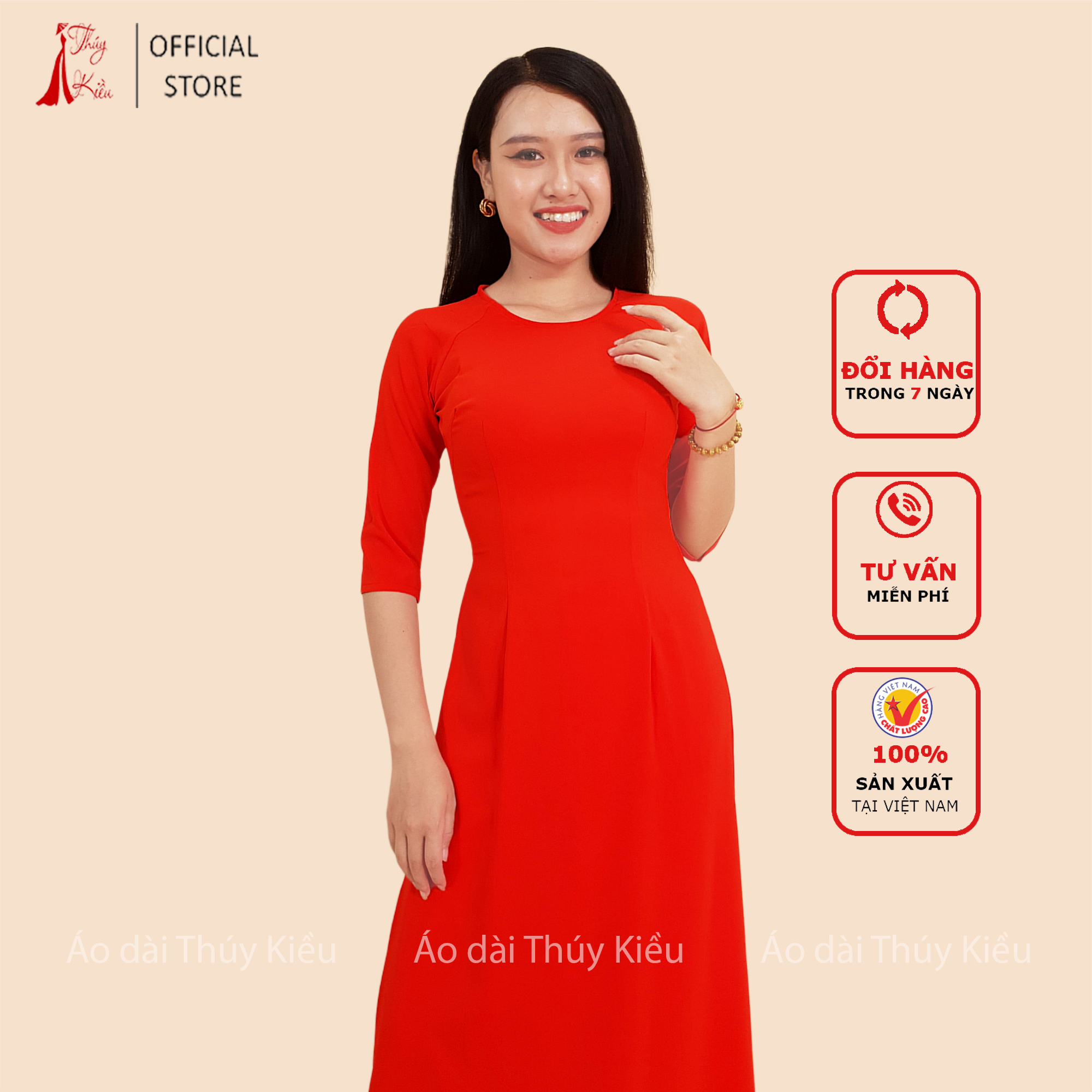 Áo dài trơn lụa Nhật cổ tròn màu đỏ cam AK29 ❤️FREESHIP❤️ mềm mại, co giãn, thấm hút mồ hôi, áo dài truyền thống, áo dài giá rẻ