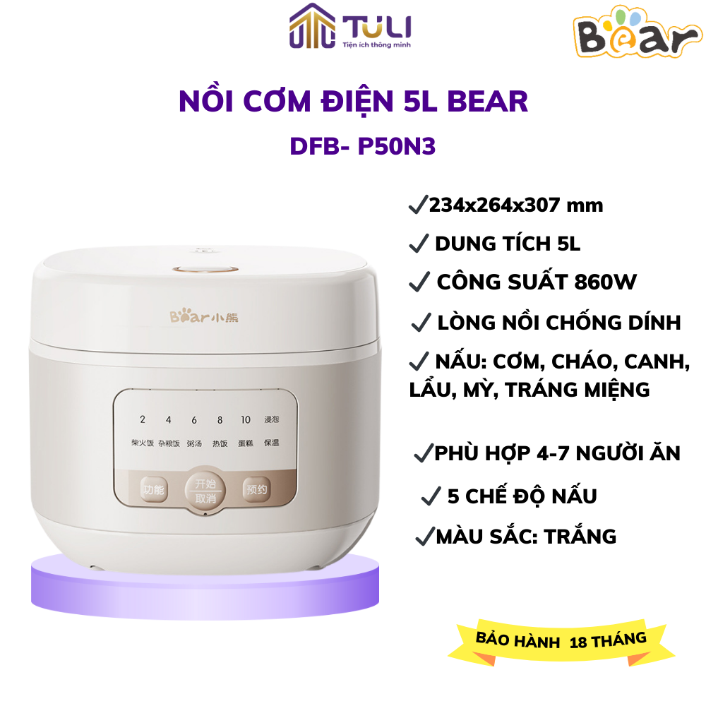 Nồi cơm điện 4l đa năng bear-c40k6, công suất 800w, nấu cháo, súp tráng miệng, bánh, hẹn giờ, bảo hành 18 tháng
