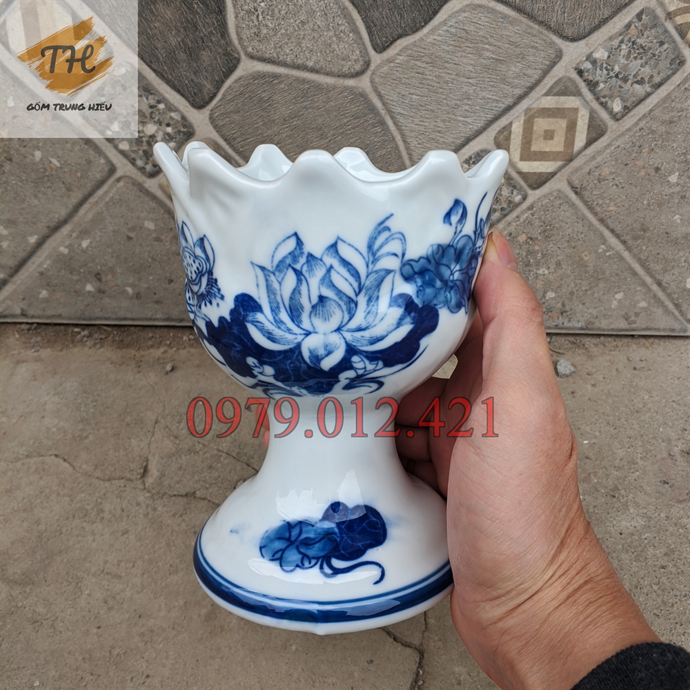 Ly đựng quả Phật Thủ Bát Tràng men lam