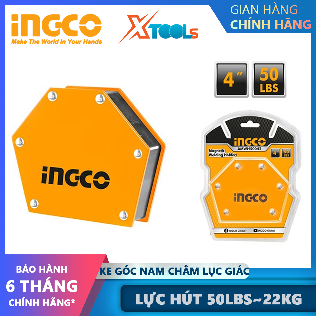 Ingco amwh50042 Ke hexagon magnetic welding angle 4 "suction 22kg, magnetic and steel material, 5-45-300090 degree angle