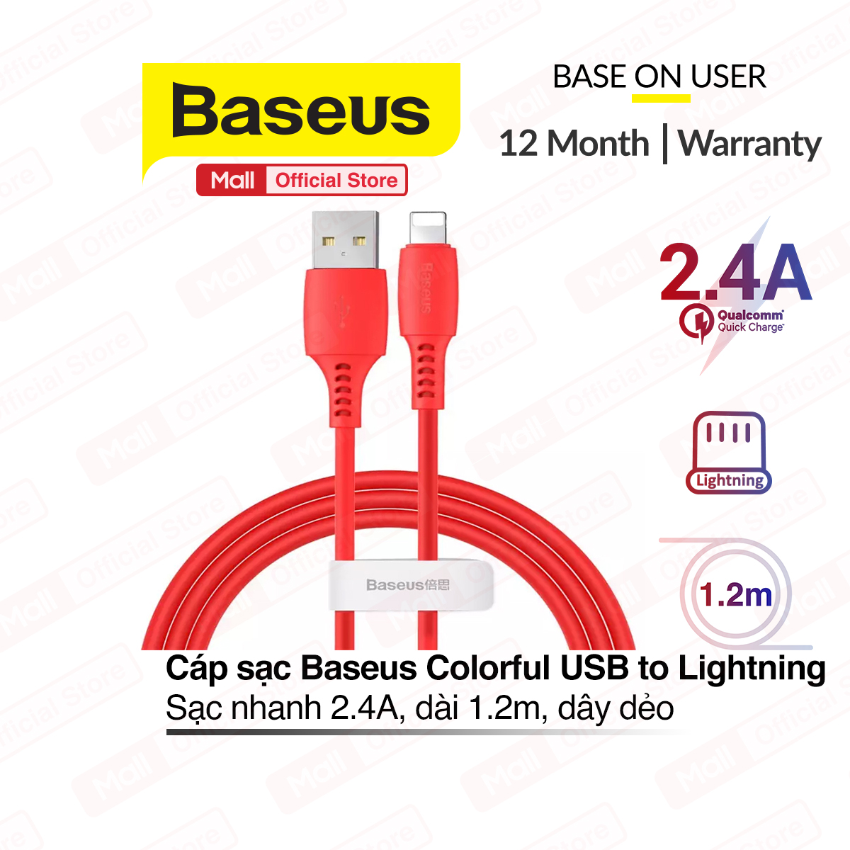 Cáp sạc nhanh Baseus Colorful Data Cable USB to Lightning dành cho iPhone/iPad sạc nhanh 2.4A dài 1.2m dây dẻo nhiều màu sắc