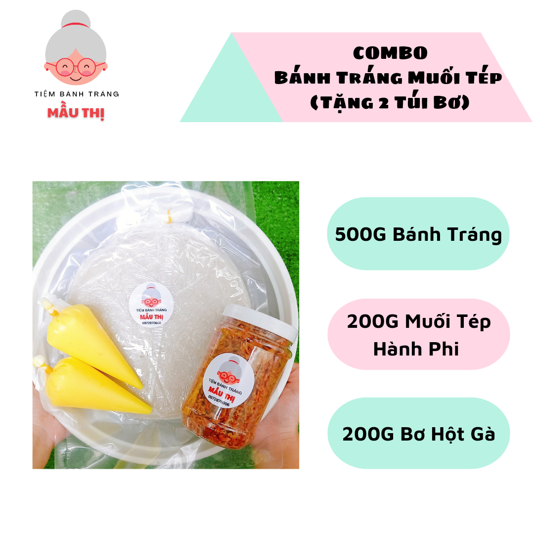 Combo 500g Bánh Tráng Phơi Sương 200gr Muối Tép Hành Phi 200gr Bơ Hột Gà