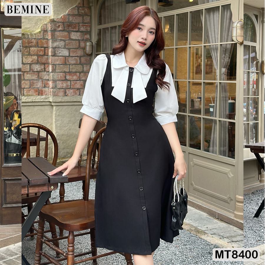 Đầm phối tay cổ sơ mi nơ BEMINE MT8400