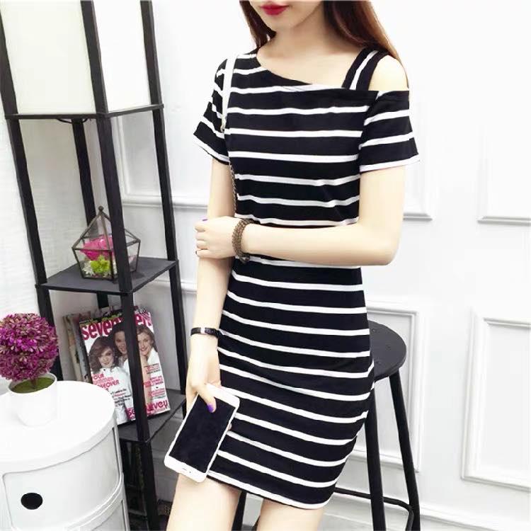ĐẦM SUÔNG VẢI THUN SỌC LỆCH VAI THỜI TRANG TH