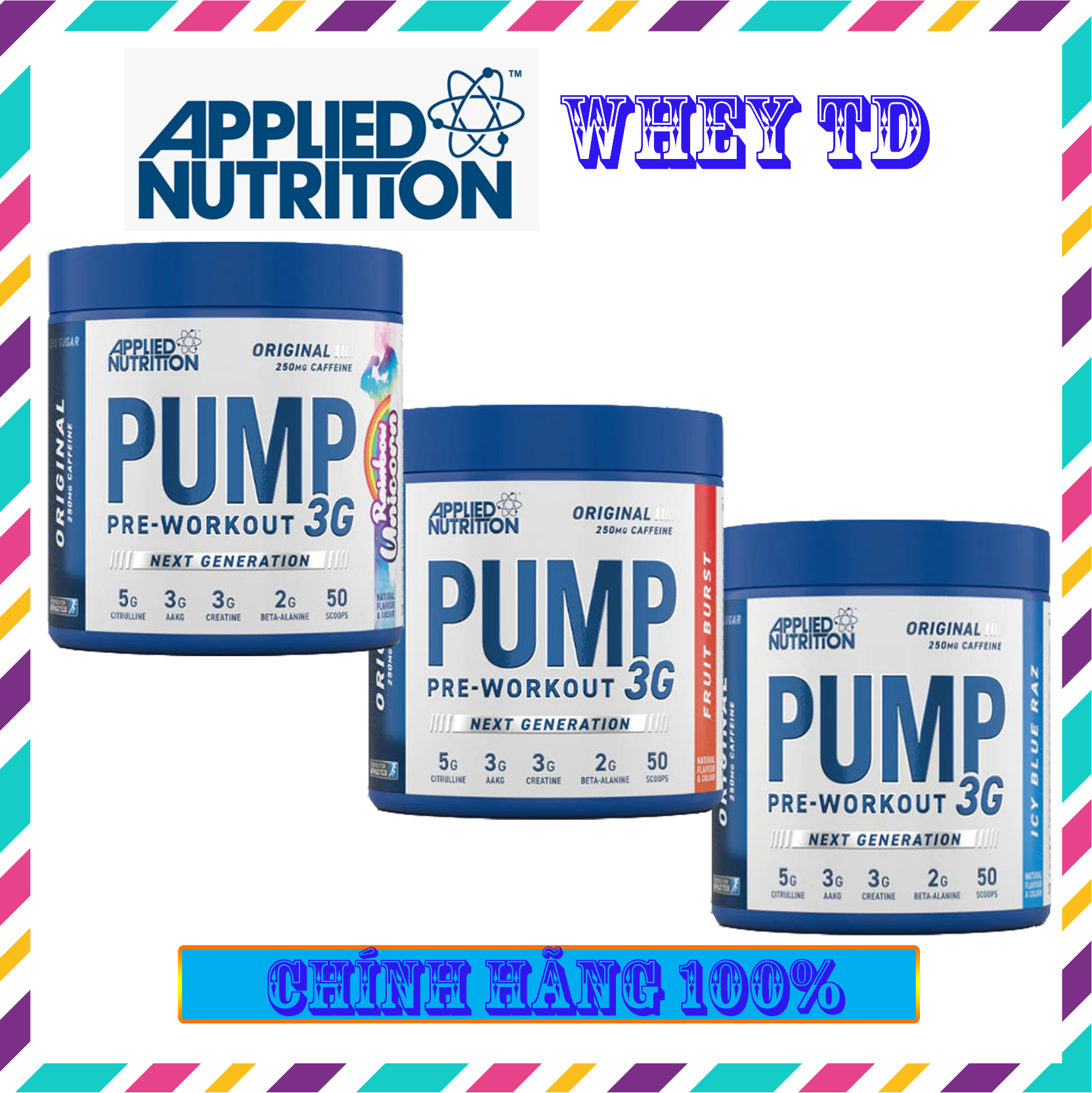 Pump 3G Pre Workout Applied Nutrition 50 scoops có caffein