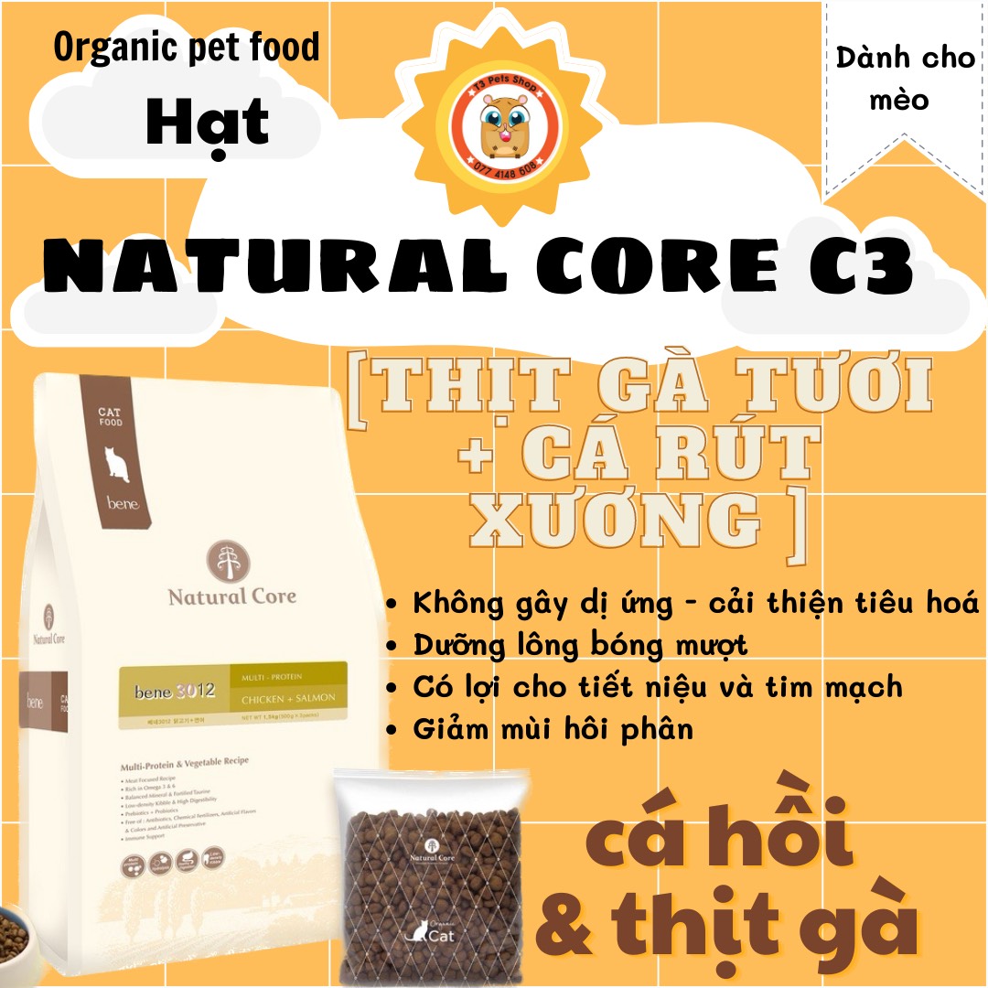 thức ăn hạt NATURAL CORE C3 BENE 3012 CHO MÈO VỊ THỊT GÀ & CÁ HỒI 500gr - 1.5kg