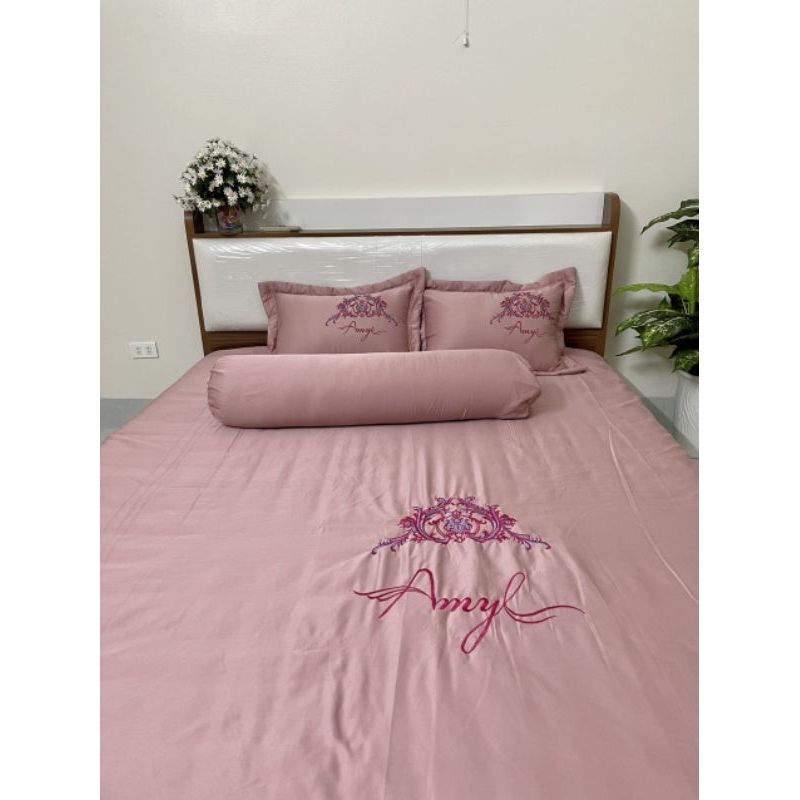 Bộ chăn ga gối trần bông Phi Lụa 5 món 1m6/1m8/2m2 chăn ga cưới hình thêu đẹp