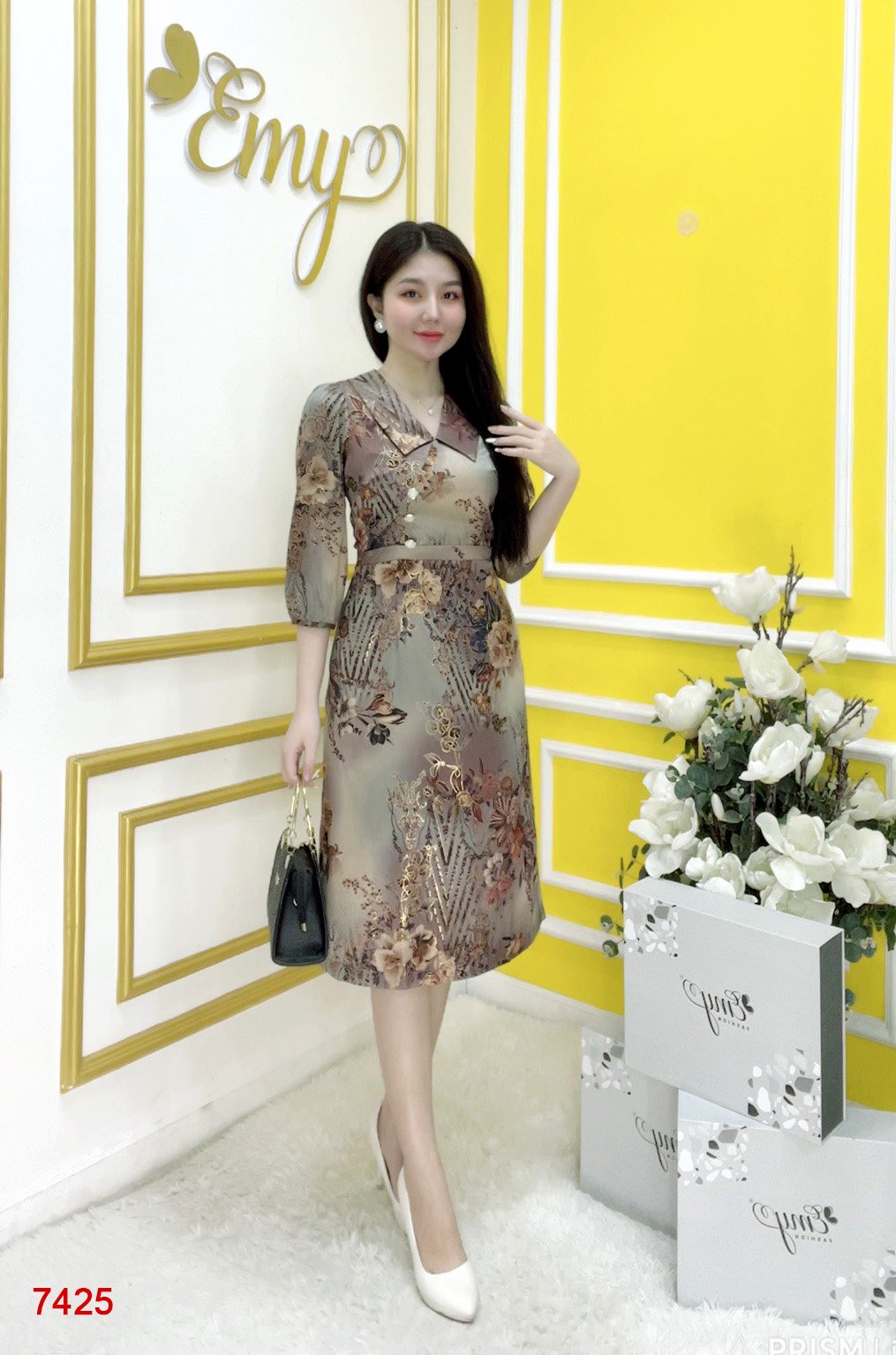 Đầm EMY EM7425 Xoè Lụa Vân Pháp LVP Nâu