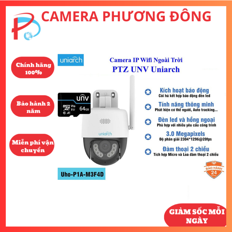 Camera ip wifi ptz unv uniarch 3mp uho-p1a-m3f4d, đàm thoại 2 chiều, có màu đêm - hàng chính hãng
