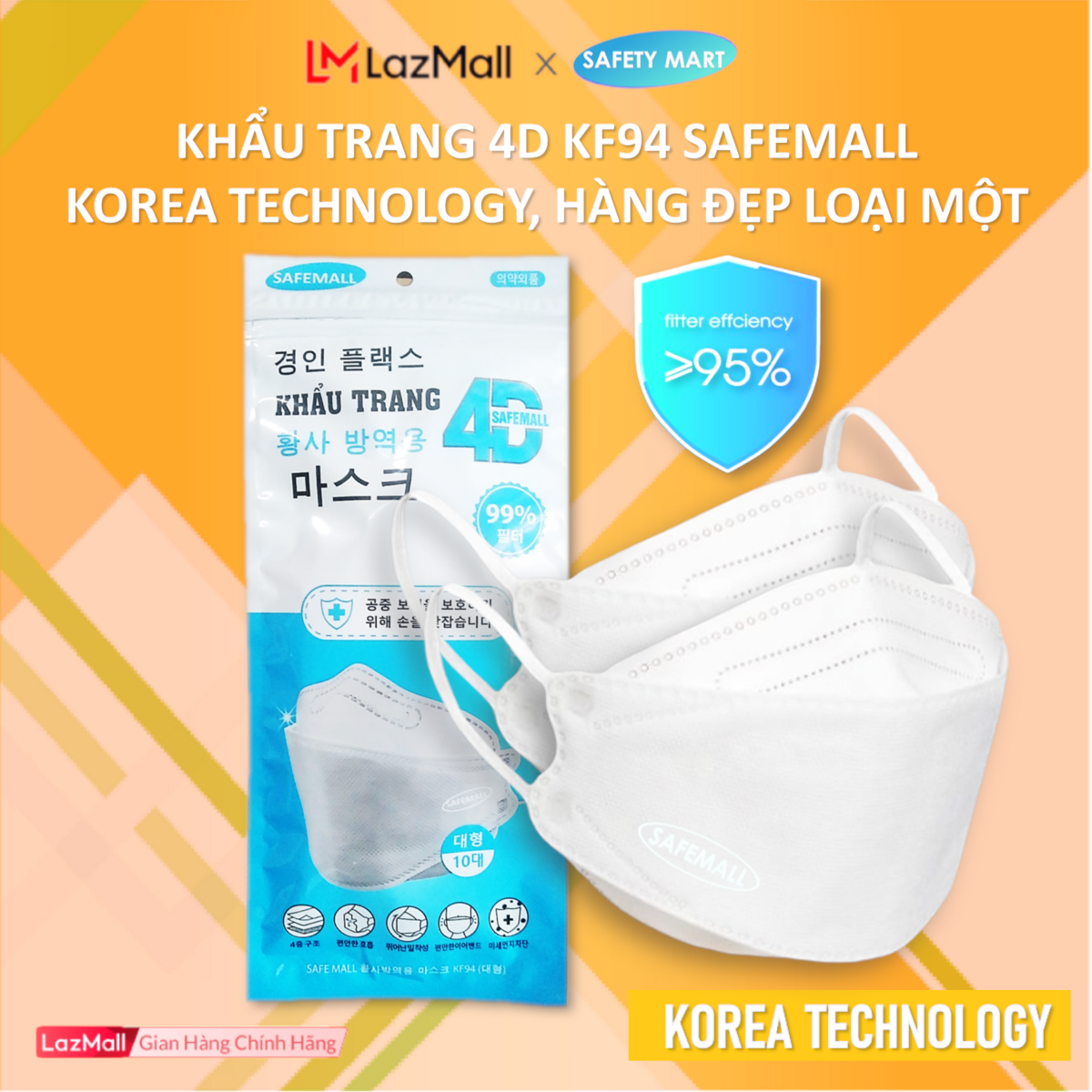 Gói x 1 chiếc Khẩu trang y tế 4D KF94 SafeMall Korea Technology
