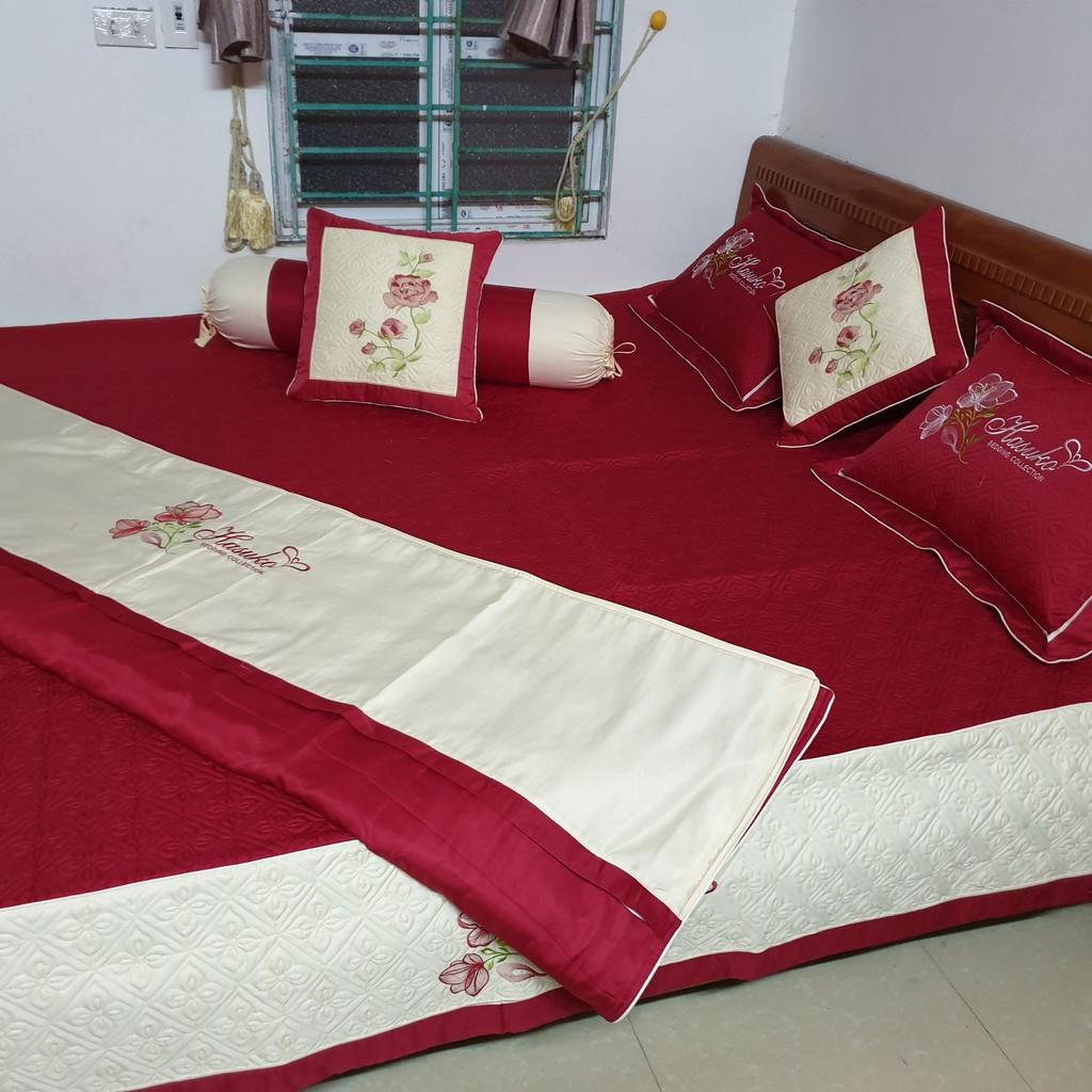 Set chăn ga chần thêu satin 7 món cao cấp Hasuko màu đỏ