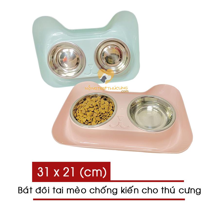 Bát đôi inox cho Chó Mèo - Hình tai mèo - Bát đôi chống kiến - [Nông Trại Thú Cưng]