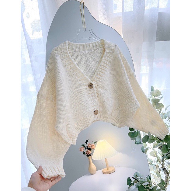 Áo Len Cardigan Trơn Croptop Nữ Màu Trắng Kem
