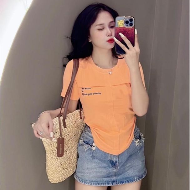 Áo thun dáng ôm nữ tay ngắn vạt bầu dáng dài
