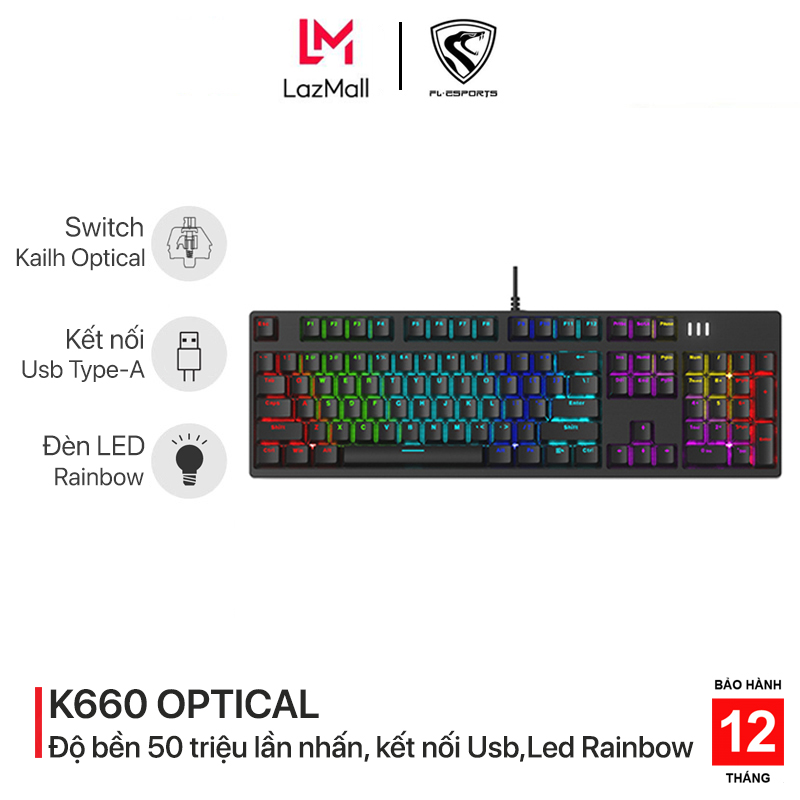 Bàn phím cơ chơi game có dây FL-Esports K660 Optical - Switch Kailh Optical 50 triệu lần nhấn - Led rainbow - Kết nối Usb