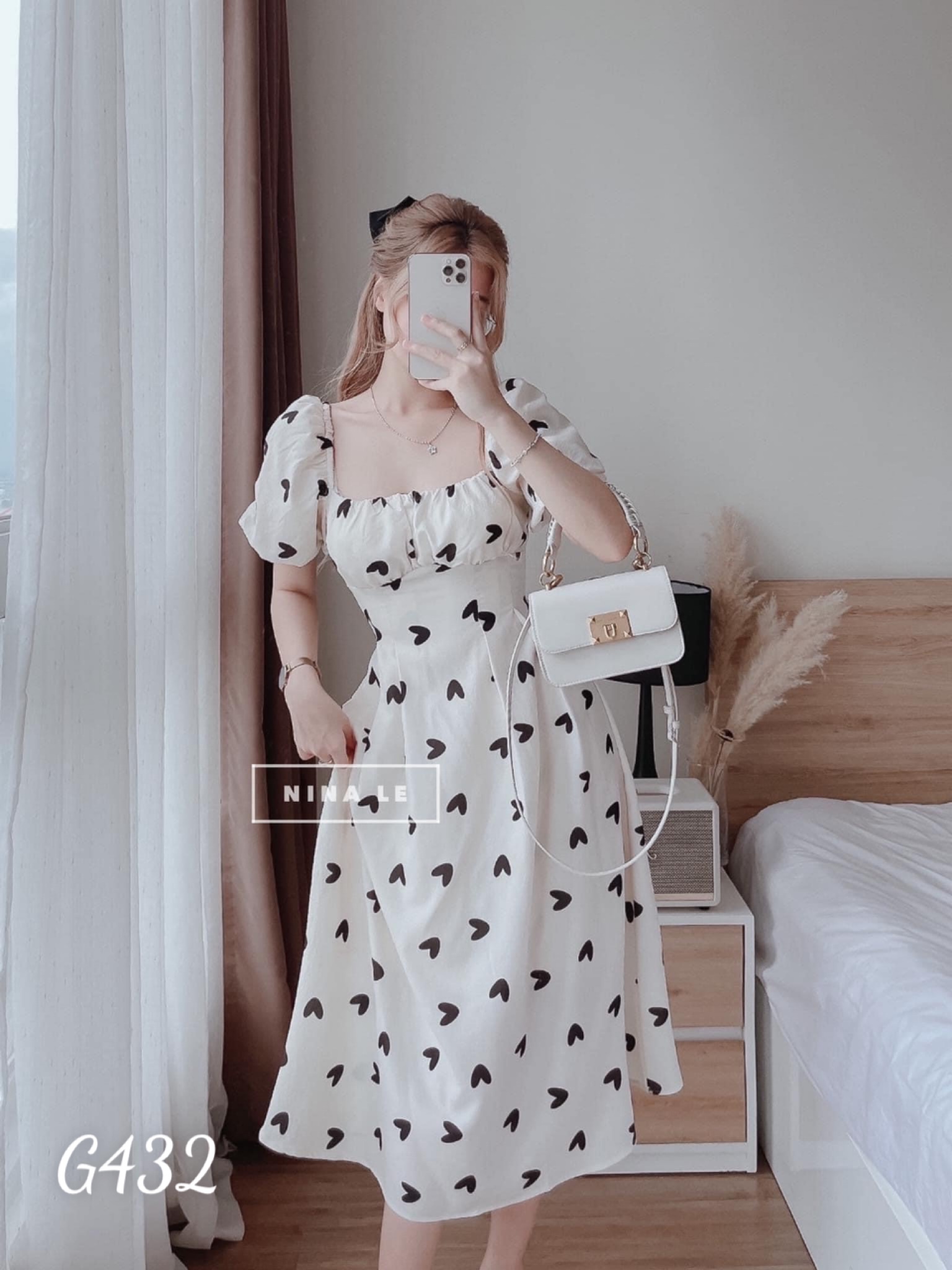 Đầm voan lụa nữ in trái tim cột nơ lưng dáng xoè g432