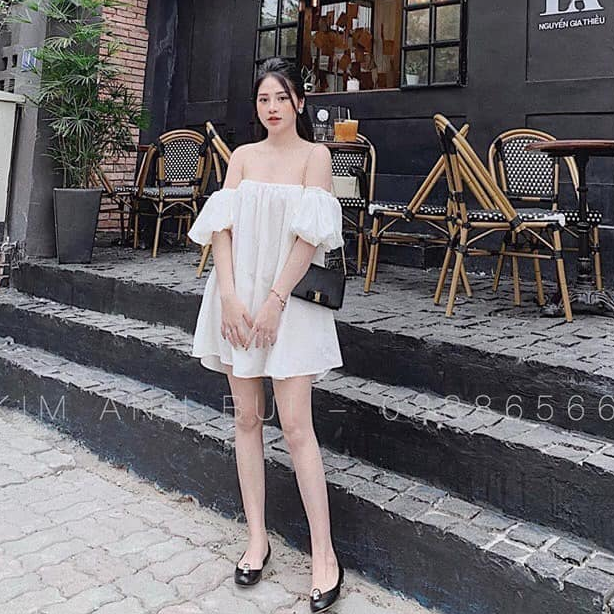 ( ẢNH THẬT + VIDEO) VÁY TRỄ VAI TAY PHỒNG BO CHUN MÀU TRẮNG SIÊU HOT, LEVERMART