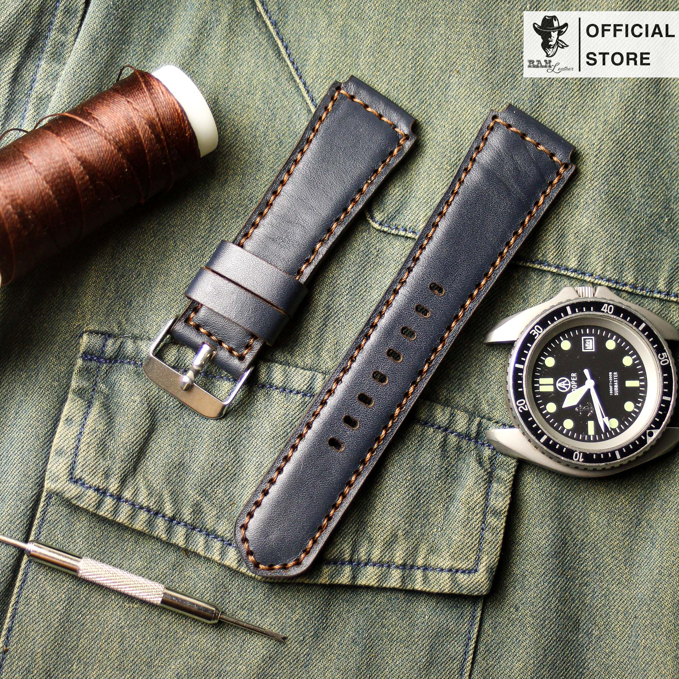 Dây da đồng hồ Siêu bền Da Bò Thật RAM Leather Classic 1993 Da Bò Xanh Navy Ca.si.o AE 1200 / Sei.ko5