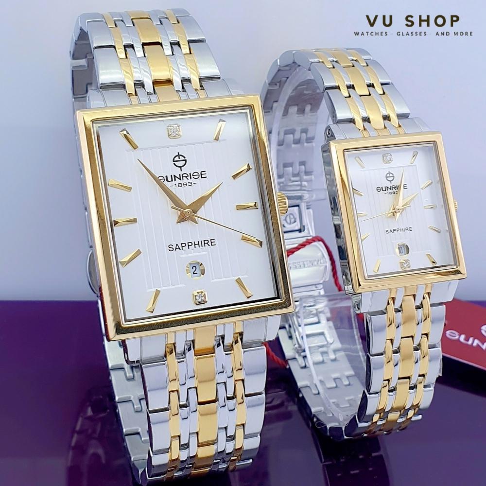 Đồng hồ đôi Sunrise 1190SA Mặt vuông Kính Sapphire Chính hãng