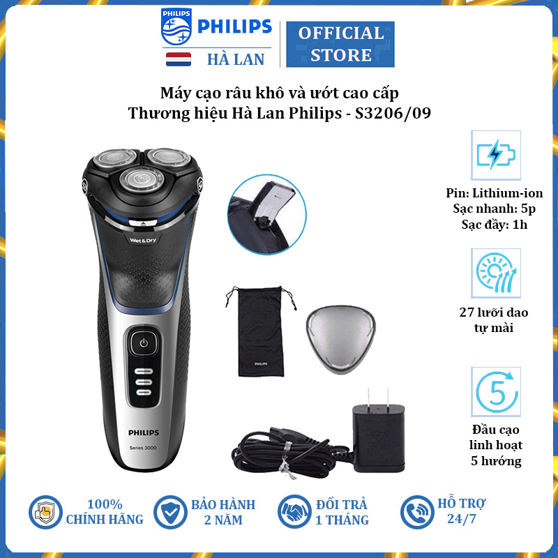 Máy cạo râu khô và ướt cao cấp, thương hiệu Hà Lan Philips S3206/09 - Hàng chính hãng, bảo hành 24 tháng
