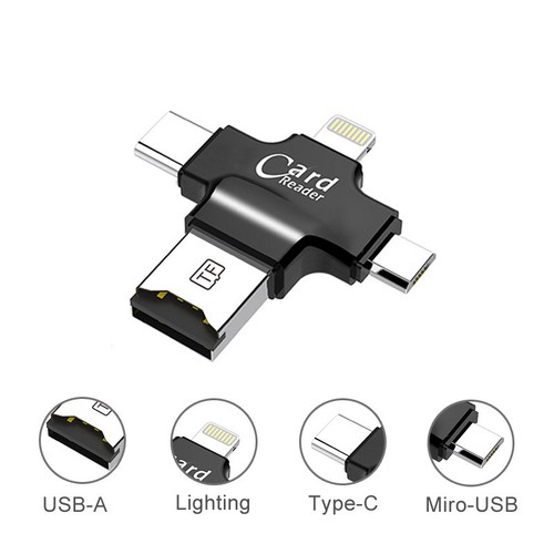Đầu Đọc Thẻ Đa Năng 4 Trong 1 Dành Cho iPhone/Android Micro SD USB (OTG) TF/Lightning/Type-C