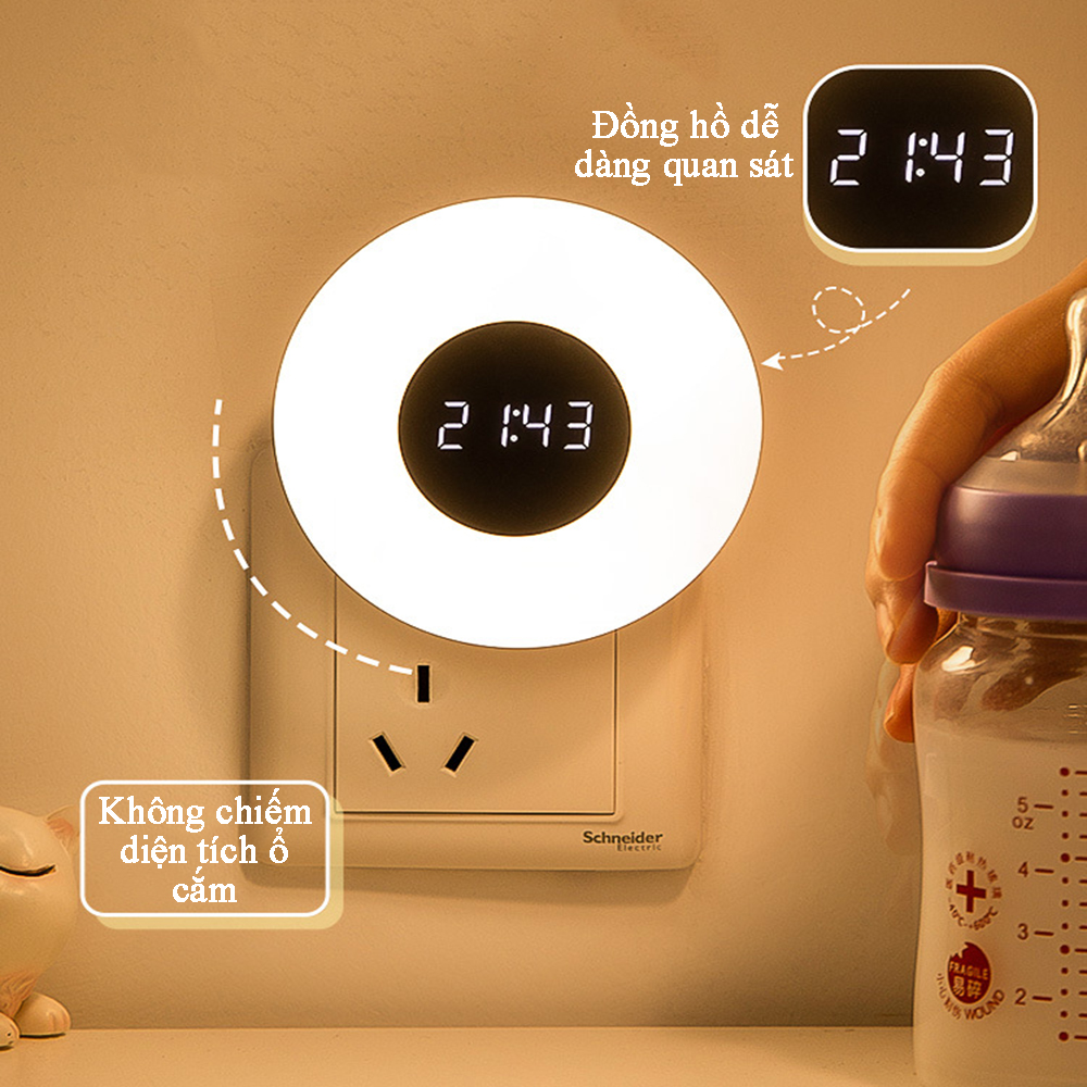Đèn ngủ điều khiển từ xa hình tròn tích hợp đồng hồ xem giờ ánh sáng 3 màu, điều chỉnh tăng giảm độ sáng 10 cấp độ