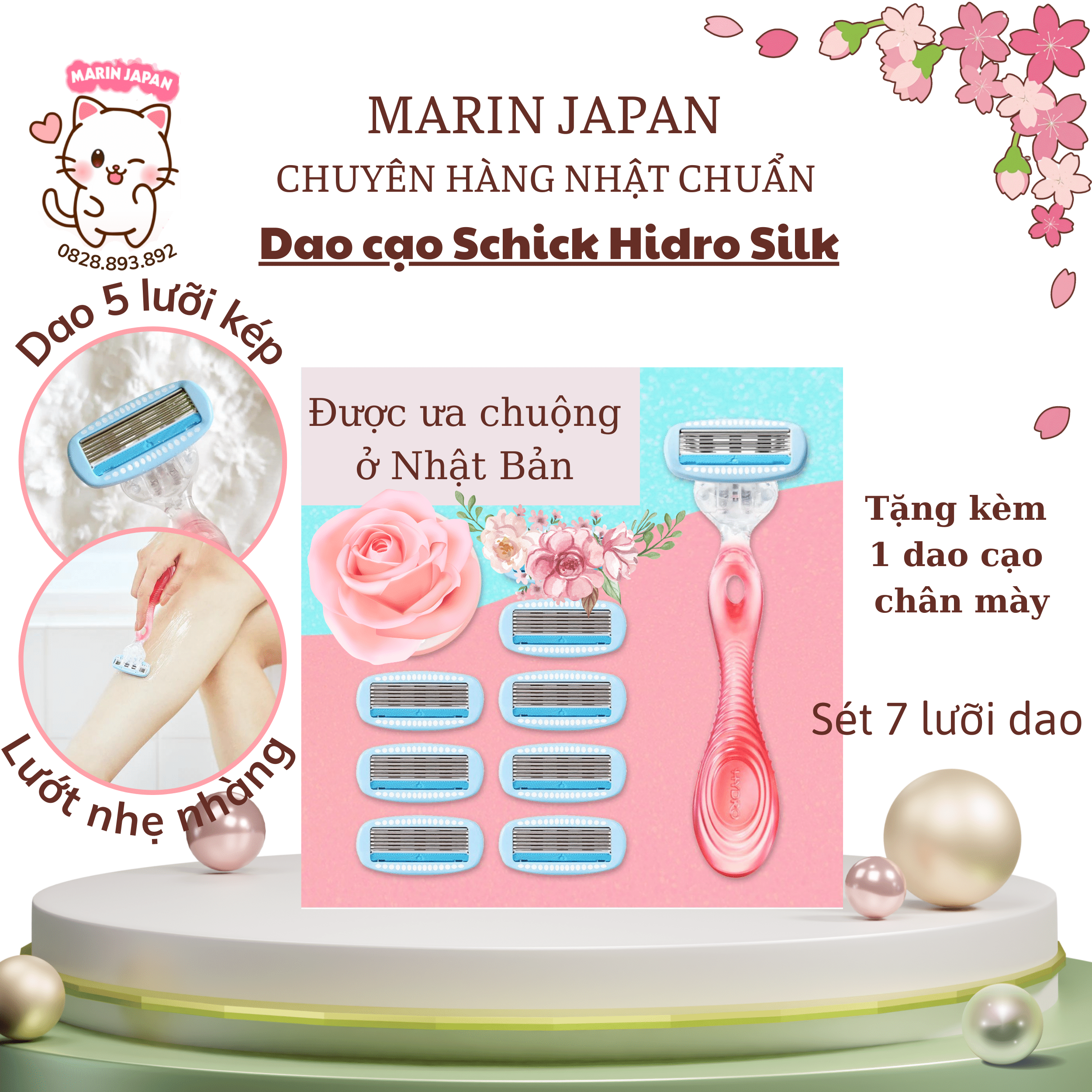 Set 1 Cán + 7 Lưỡi Dao Cạo Lông Body Lông Chân, Tay, Nách Cho Mọi Loại Da - Schick Hydro Silk Cao Cấp Nhật Bản