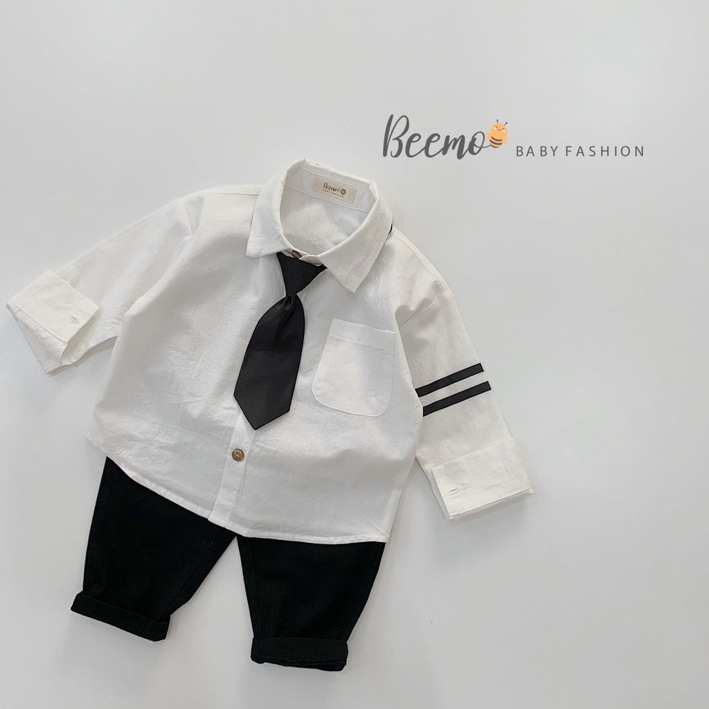 Set sơ mi trắng quần đen kèm cavat cho bé trai
