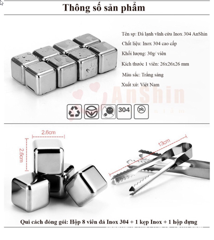 Đá vĩnh cửu không tan hộp 8 viên đá INOX304 lạnh vĩnh cửu dùng tiện lợi