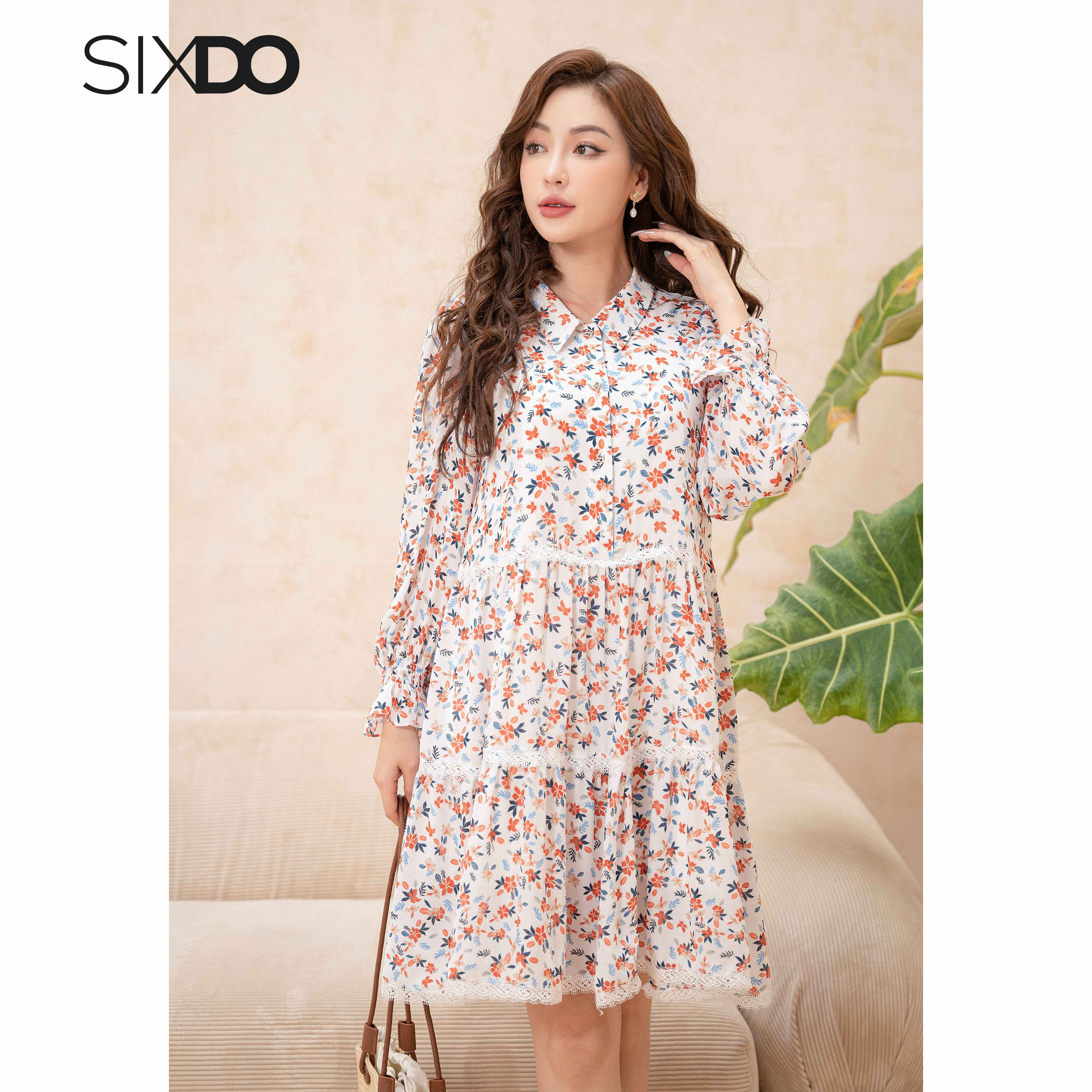 Đầm hoa babydoll dài tay SIXDO (Floral Midi Woven Dress)