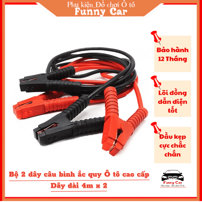 Dây câu bình ắc quy cho xe ô tô cao cấp Funny Car Lõi đồng dẫn điện tốt,Bảo hành 12 Tháng - 2000AMP, Dây dài 4m x2