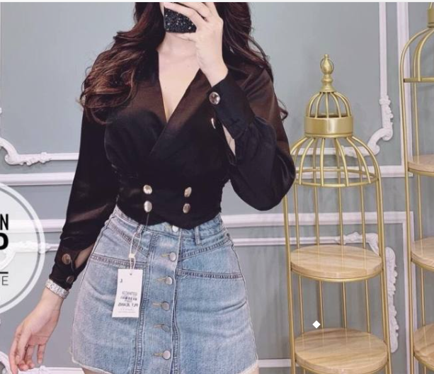 Áo tay dài phồng cổ sơ mi phi lụa