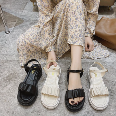 Sandal nữ bản nhún bèo xinh - Dép Quai Hậu Bản Ngang Nhún Đế PU cao cấp