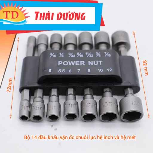 Bộ 14 đầu khẩu tuýp vặn ốc lục giác gắn máy khoan - Bộ 14 đầu vít bắn tôn hệ inch và hệ mét