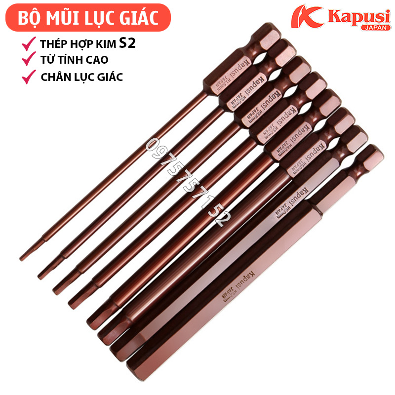 Bộ mũi lục giác chuôi lục giác dài 100mm đa năng trợ lực Nhật Kapusi Japan 8 chi tiết 1.5-8mm, thép hợp kim S2 siêu bền, có từ tính nam châm cao, mô-mem xoắn mạnh, độ bền vượt trội, đầu lục giác chân lục giác chuẩn 6.35mm