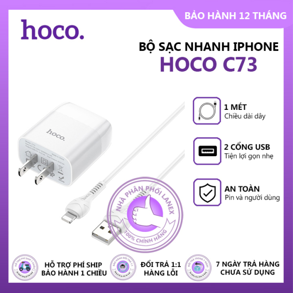 Bộ sạc nhanh Hoco C73 2 cổng USB 2.4A, dài 1m, cáp Lightning, tương thích thiết bị Apple
