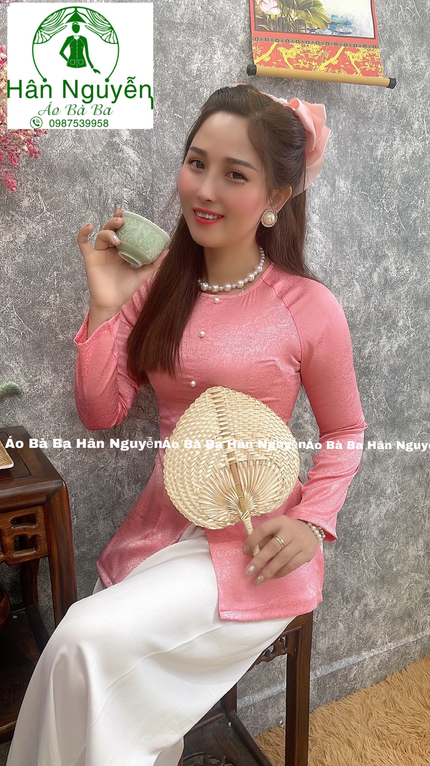 Áo bà ba gấm dây kéo + quần trắng