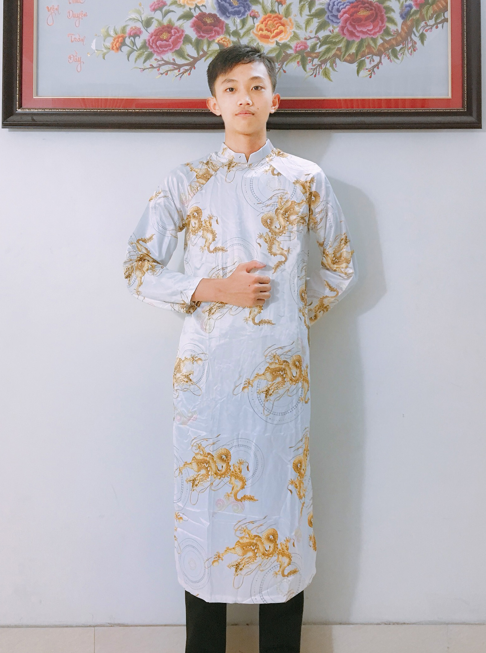 ÁO DÀI CÁCH TÂN NAM IN HỌA TIẾT RỒNG ĐÍNH NGỌC - TRANG PHỤC TRUYỀN THỐNG