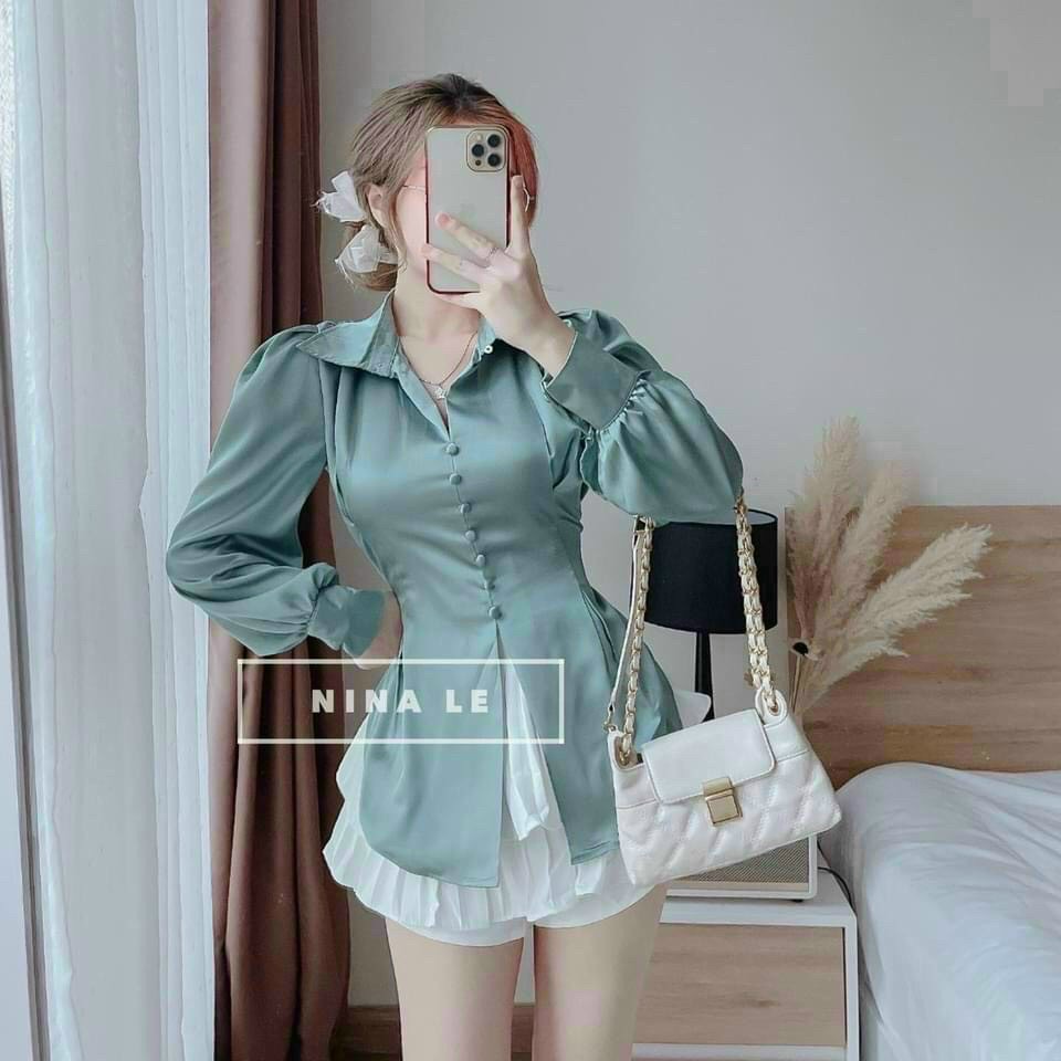 Áo sơ mi tay phồng cột nơ sau lưng mặc đi làm, áo kiểu sơ mi lụa satin cột dây eo dài sang chảnh