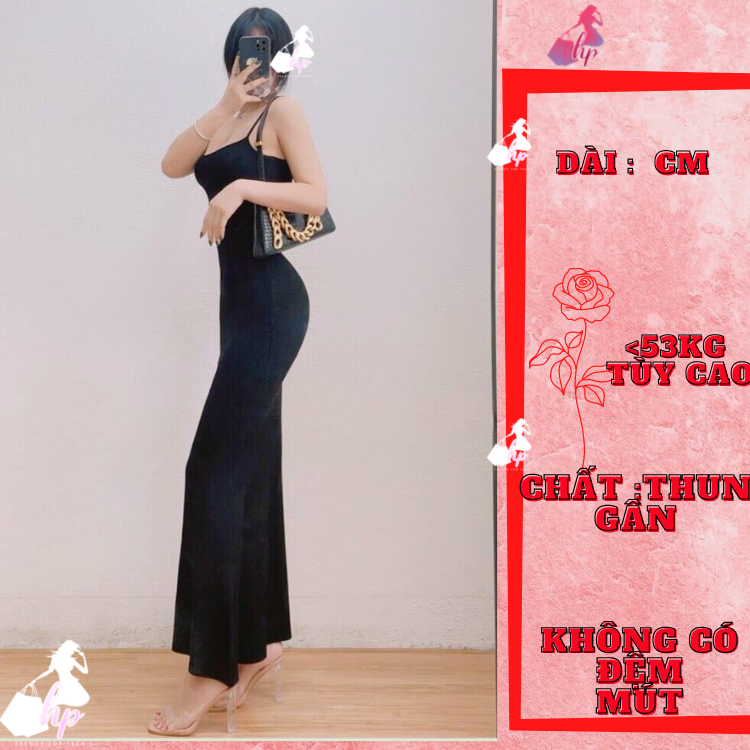 Đầm 2 dây maxi đuôi cá body nữ, váy dáng dài sang chảnh hai dây tôn dáng màu đen VD284