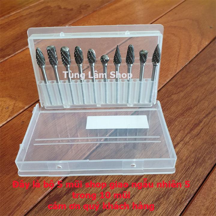 mũi mài vonfram - mũi mài hợp kim - bộ 5 mũi mài phay cao cấp chân cán 3ly đầu 6ly